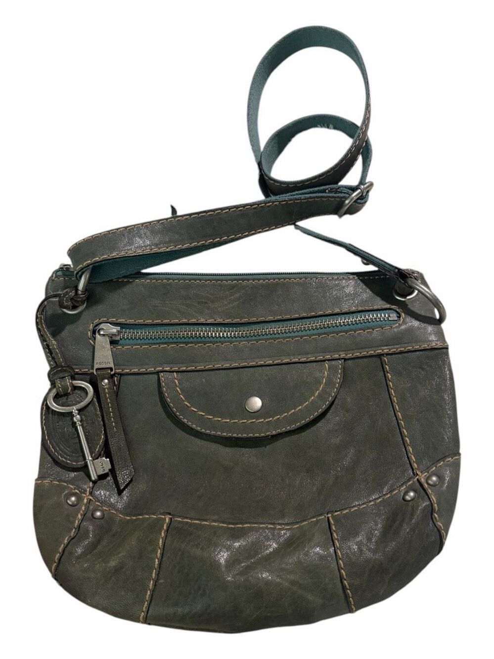 FOSSIL Long Live Vintage Liberty Green Leather Crossbody Shoulder Bag Key Charm